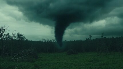 Obraz premium Dark Stormy Sky with Tornado Over Forest