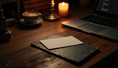 Business card mockup with textures on a wooden desk at night with warm light