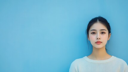 Fototapeta premium A young woman stands against a soft blue background, exuding a calm and serene expression, highlighting her features and the simplicity of the scene.