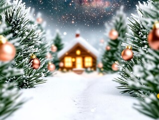 A serene winter scene featuring a cozy cabin surrounded by snow-covered evergreen trees adorned with golden ornaments, creating a festive atmosphere under a starry sky.