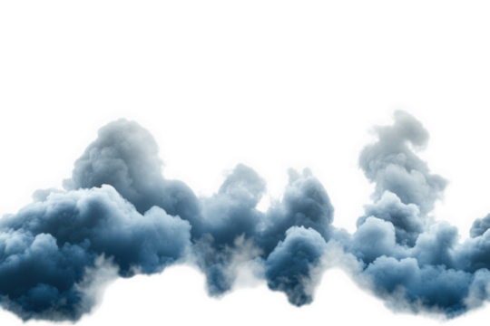 a cluster of dark. blue. wispy clouds with a soft white outline sits against a transparent background the clouds take up the lower half of the image. leaving a large amount of space for text or other