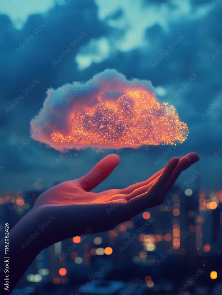 Poster hand using creative glowing cloud computing interface on blurry night city background. database and 