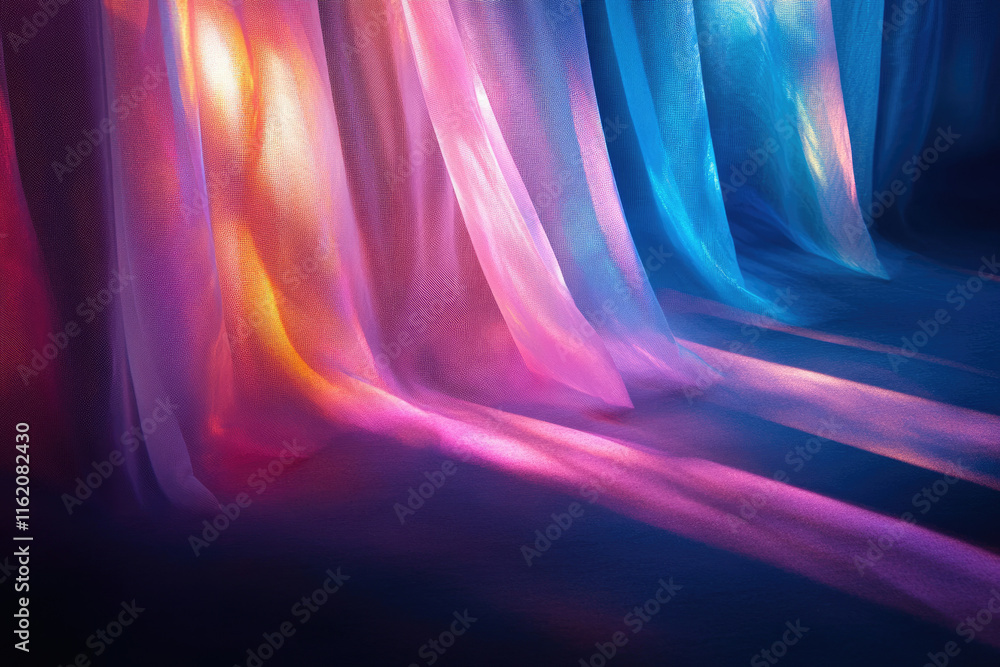 Poster sheer curtains illuminated by colorful light, creating vibrant shadows and textures.