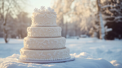 Elegant white wedding cake on snowy field in winter sunlight