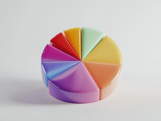 Obraz premium A colorful pie chart model with eight segments, each in different pastel shades, representing data visualization in a three-dimensional format.
