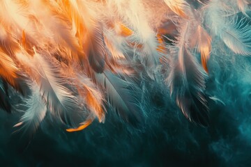 Fototapeta premium Vibrant feathers swirl gently in a captivating blend of warm oranges and cool blues, creating a dreamlike atmosphere. The light enhances their delicate textures and colors.