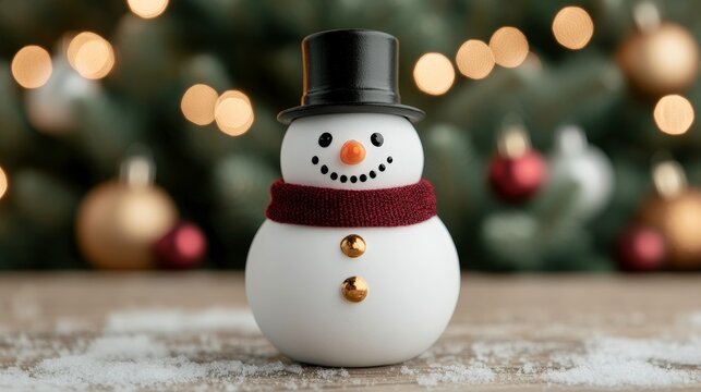 A cheerful snowman figurine with a black top hat and a red scarf stands on a wooden surface, surrounded by a festive background of blurred Christmas lights and ornaments, evoking holiday spirit.