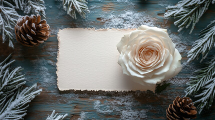 White rose and blank card on snowy table with pinecones