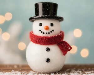 A cheerful snowman with a black top hat, orange carrot nose, and a red scarf stands against a softly blurred background with warm lights, evoking a festive winter atmosphere.