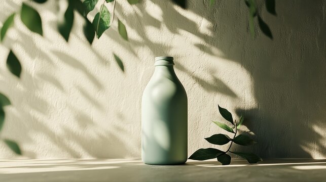 Mock-up of a biodegradable bottle, textured surface with soft ambient lighting, set against a neutral backdrop, ideal for green products