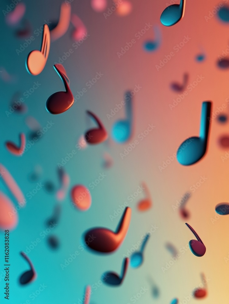 Poster colorful 3d music notes scattered in a vibrant gradient background creating a lively atmosphere at a