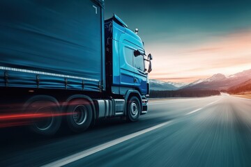 A blue truck is captured in motion on a highway, showcasing its speed as it travels against a backdrop of mountains during a vibrant sunset. The landscape features a dynamic mix of colors.