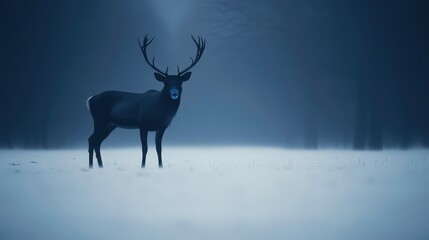 Naklejka premium A solitary deer stands in a misty winter landscape, surrounded by snow and dark trees, evoking a sense of tranquility and mystery.