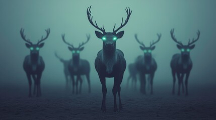 Fototapeta premium A mysterious scene featuring deer with glowing eyes in a foggy environment, creating an eerie and surreal atmosphere.