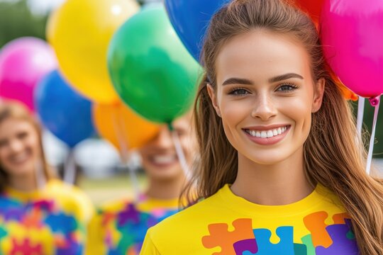Volunteers joyfully support autism awareness at a colorful fundraising event with balloons and puzzle-themed shirts - Powered by Adobe
