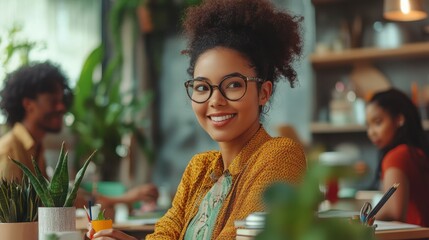 Professional young woman, natural hair, colorful attire, designing green products in a workshop. Team of Asian and African members.