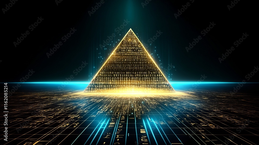 Poster digital pyramid data streams and code glow