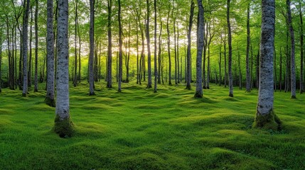 Obraz premium A serene forest scene with lush green grass and tall trees, illuminated by soft sunlight, creating a peaceful and tranquil atmosphere.