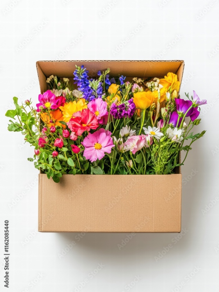 Poster Vibrant fresh flowers in a cardboard delivery box with space for custom text at home. Generative AI