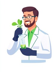 Scientist holding test tube with sprout. Man analyzing sprout in test tube. Laboratory assistant holding test tube with sprout. Set of vector flat design illustrations isolated on white background.