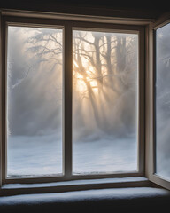 window, cottage, view, snow, winter, forest, generative-AI, technology, snow-covered, cozy, nature, landscape, AI-art, cold, serene, peaceful, trees, frosty, white, snowy-scene, artistic, digital-art,
