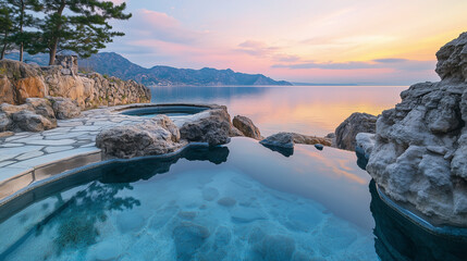 Fototapeta premium Serene infinity pool with ocean view at sunset