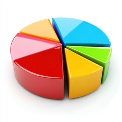Obraz premium A colorful 3D pie chart divided into five segments, representing data visualization. The segments are in various colors, illustrating different proportions or categories of information.