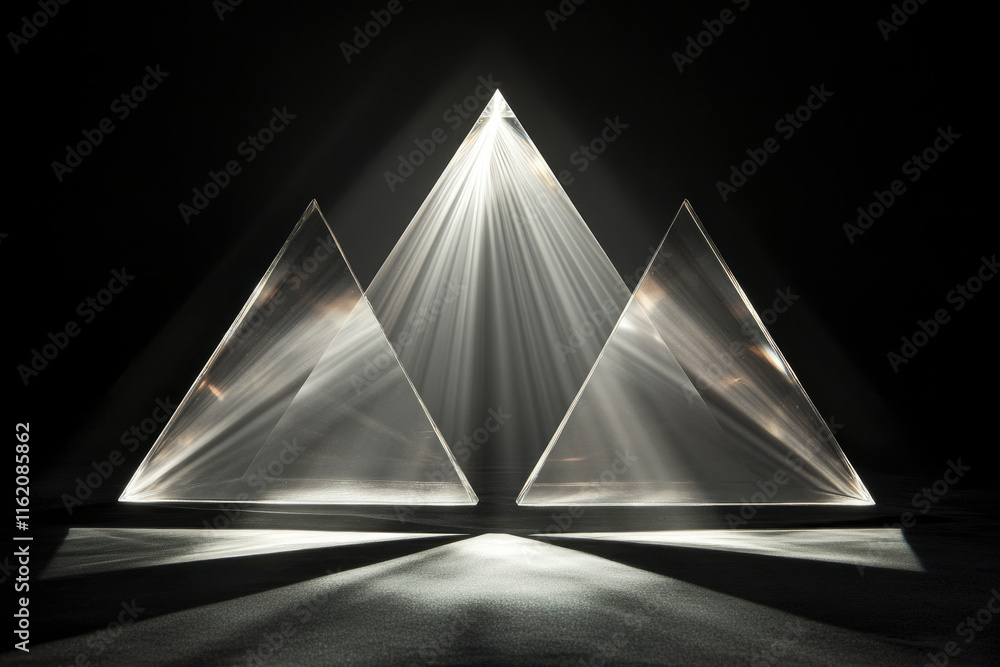 Poster three translucent pyramids illuminated, creating a dramatic interplay of light and shadow against a 
