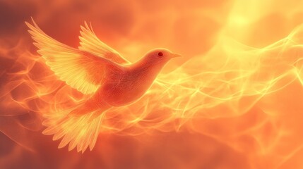 Fiery dove in flight, spiritual symbol.