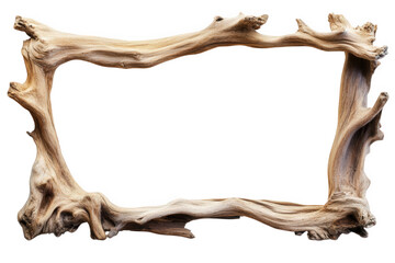 a rustic. rectangular frame made of weathered driftwood with a transparent background