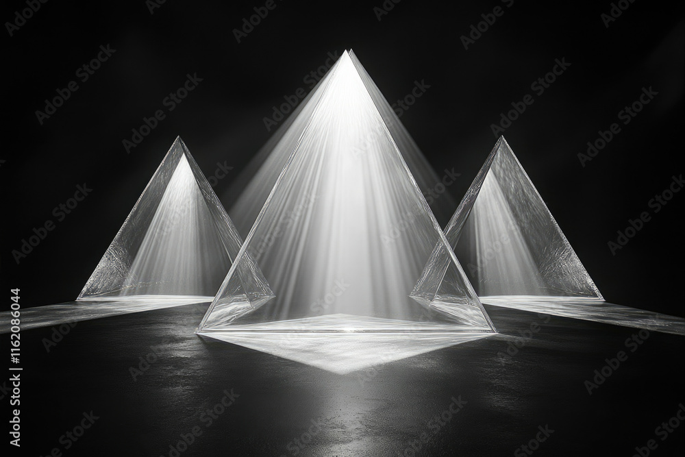 Poster three translucent glass pyramids illuminated, creating dramatic light rays on a dark surface.