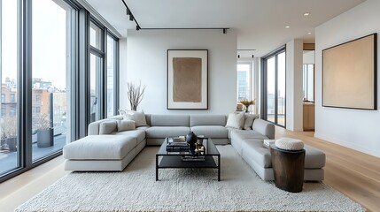 Modern apartment living room with large windows, sectional sofa, and city view.