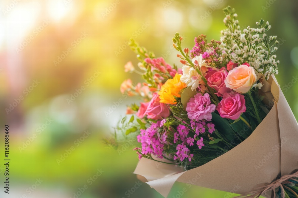 Poster colorful flower bouquet wrapped in kraft paper with a natural background and space for text. generat