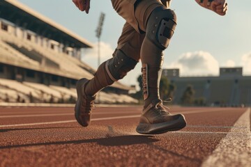 Fitting man wearing a prosthetic blade on one leg running alone outside on a stadium track