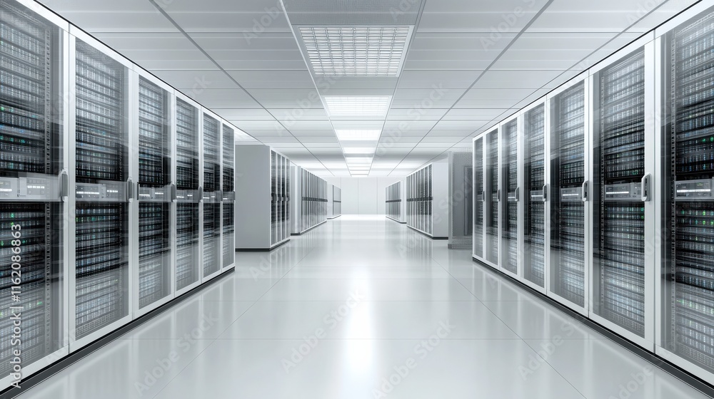 Poster shot of corridor in working data center full of rack servers and supercomputers with cloud storage a