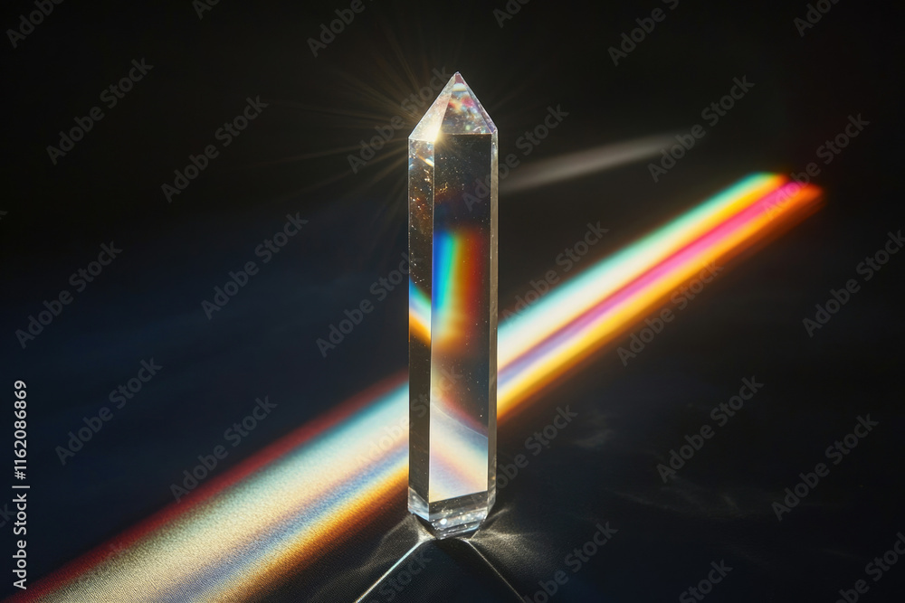Poster a clear quartz crystal prism refracts light, creating a vibrant rainbow spectrum on a dark backgroun