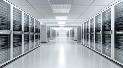 Shot of Corridor in Working Data Center Full of Rack Servers and Supercomputers with Cloud Storage Advantages Icon Visualisation.