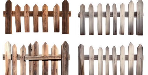 four different variations of wooden picket fences isolated on a transparent background the fences are all made of natural wood and have a rustic appearance