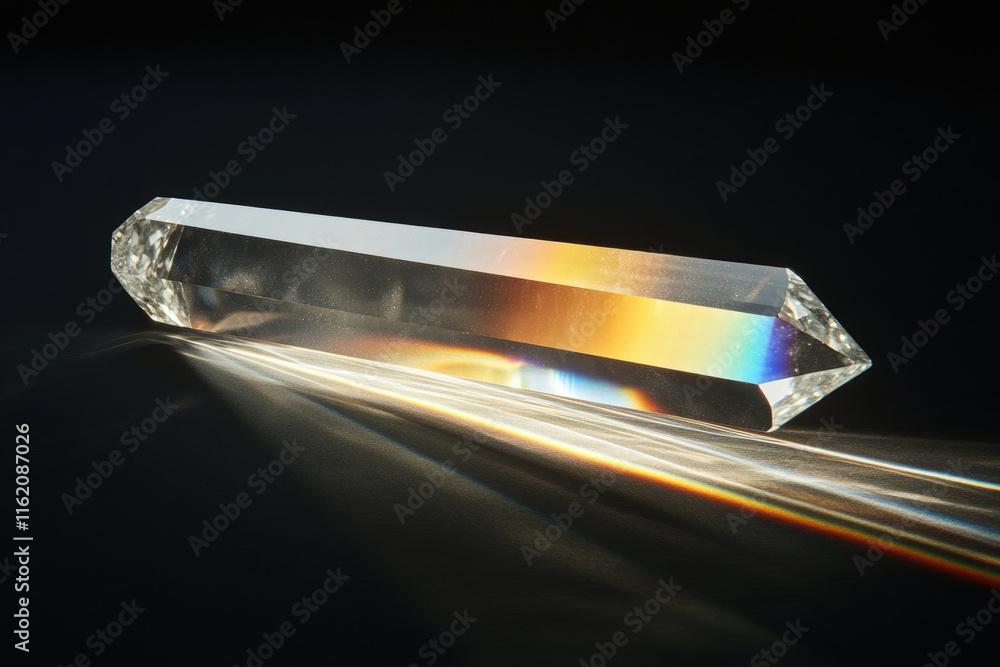 Poster a clear quartz crystal prism refracts light, creating a rainbow spectrum on a dark surface.