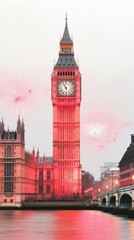 Fototapeta premium A picturesque view of Big Ben surrounded by fireworks, reflecting a festive atmosphere over the River Thames.