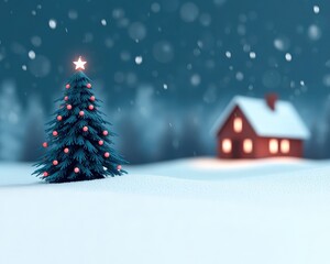 Naklejka premium A serene winter scene featuring a decorated Christmas tree in a snowy landscape, with a cozy house glowing in the background, evoking a festive and tranquil holiday atmosphere.