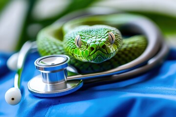 A vibrant green snake rests playfully on a blue surface, intertwining with a silver stethoscope, creating an unusual and intriguing contrast in a healthcare environment.