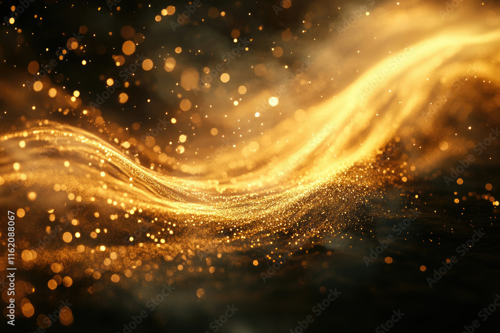 Poster golden glitter wave with bokeh lights, creating a luxurious and elegant abstract background.