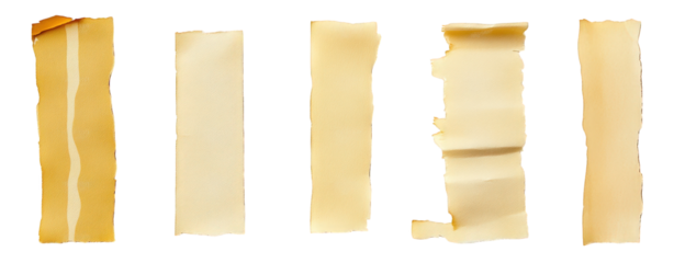 set of five ripped pieces of old parchment paper. isolated on a transparent background the pieces are different sizes and shapes. and some have been folded or crumpled the paper is aged and has a vint