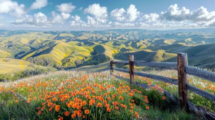 Obraz premium Scenic Landscape of Rolling Hills with Vibrant Wildflowers and Rustic Wooden Fence Under a Blue Sky with Fluffy Clouds in a Peaceful Nature Setting