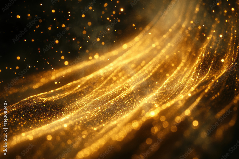 Poster golden glittering particles flowing like a wave, creating a luxurious and magical effect.