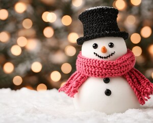 A cheerful snowman with a black top hat and a pink scarf stands on a snowy surface, with a blurred background of warm, glowing lights, evoking a festive winter atmosphere.