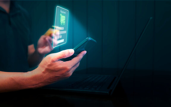 Man using smartphone online payment and shopping online, online banking digital technology, purchases, digital marketing, bank, banking applications, Financial transaction and global business online.