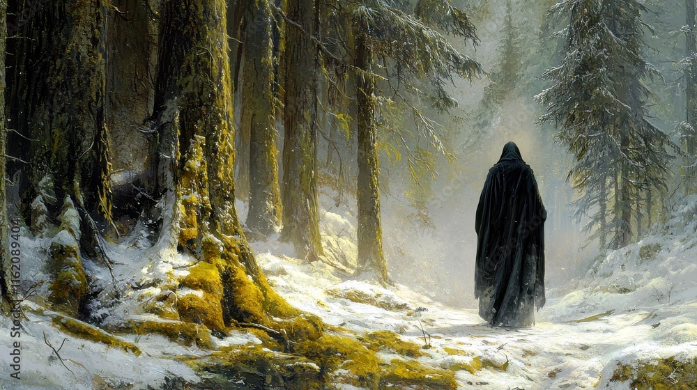 Poster mysterious figure walking through enchanted snowy forest with tall trees and soft fog at early morni
