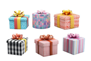 six colorful gift boxes with different patterns and ribbons isolated on transparent background